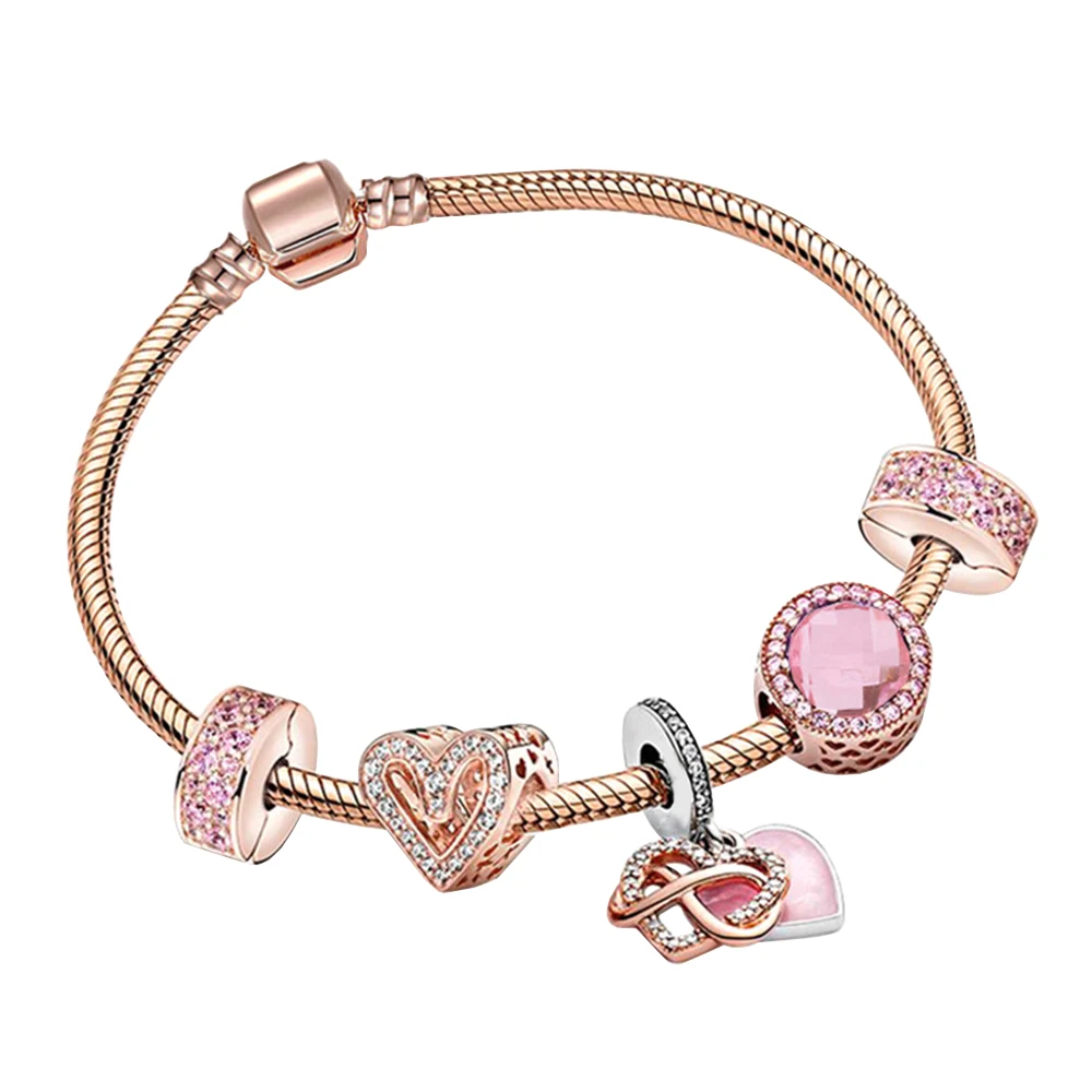 

S925 Sterling Silver Rose Gold Entangled Heart Snake Bracelet Set Fit For Lady Original Pandora Bracelet DIY Jewelry Party Gifts