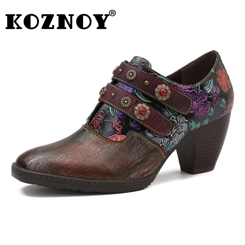 

Koznoy 7cm New Ethnic Chunky Embossed PU Genuine Leather Autumn Spring Woman Moccasins Summer Zipper Hook Metal Decoration Shoes