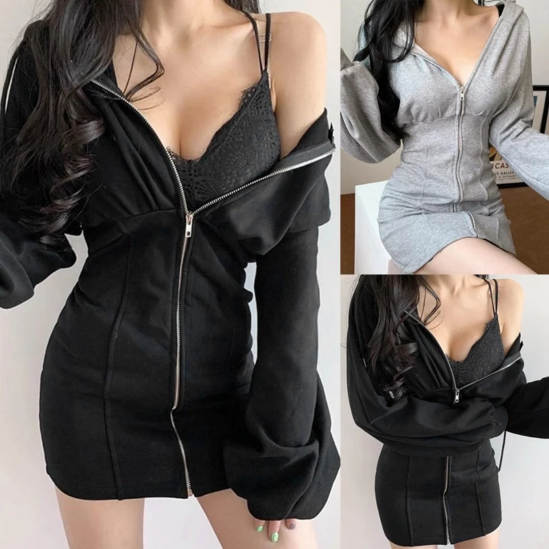 

Повседневное платье-свитер с капюшоном, женское облегающее платье с длинным рукавом и завышенной талией, облегающее платье на бедрах, весна...