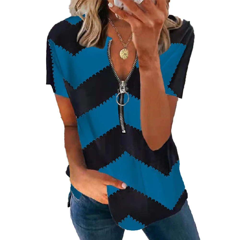 

Women Summer Geometric Print V Neck Short Sleeve Casual Pullover Shirt Tops
