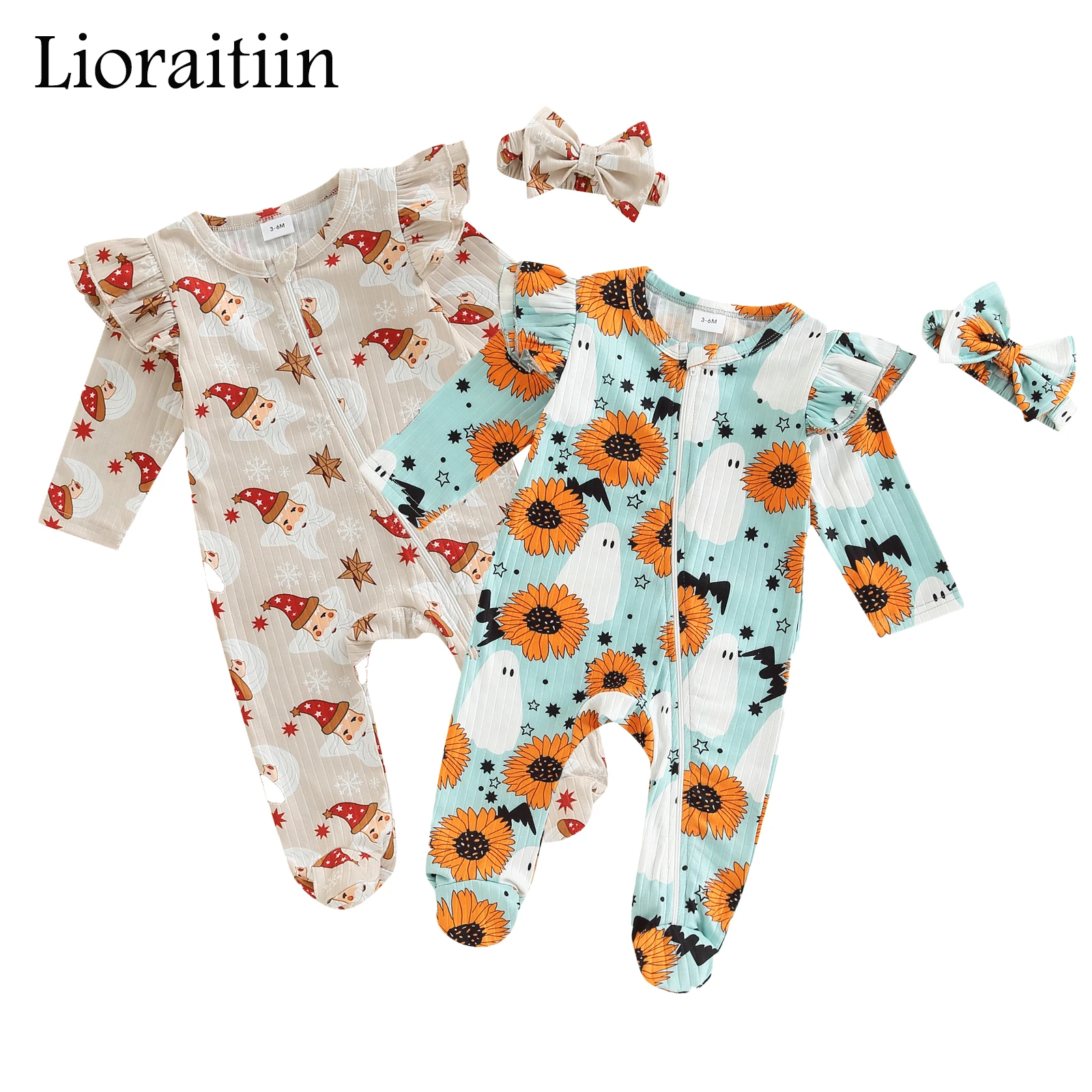 

2022-08-05 Lioraitiin 0-6M Infant 2Pcs Baby Girls Christmas Outfit Santa Print Long Sleeve Zipper Footed Jumpsuit Headband