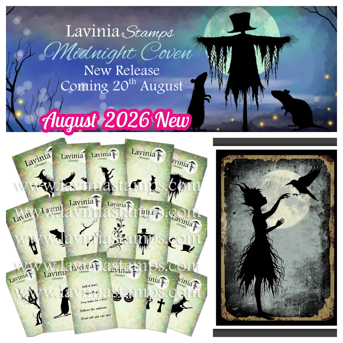 Фото Август 2026 года. Набор прозрачных штампов Lavinia Stamps «Полуночный Ковен» (17 шт.) с силуэтами ведьм на Хэллоуин для скрапбукинга, изготовления открыток и декоративных поделок своими руками. №1