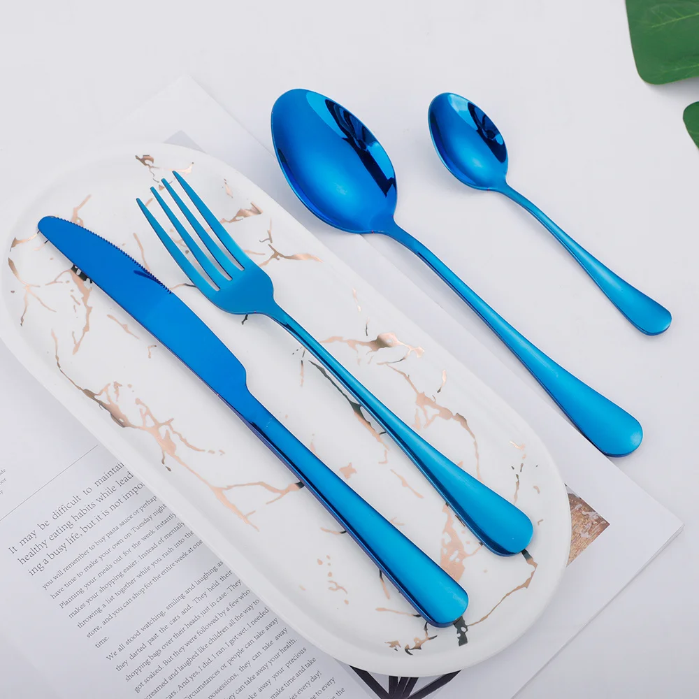 

Tableware Sets Dinnerware 4Pcs Smooth Full Blue Stainless Steel Cutlery Flatware Set Forks Knives Spoons Set Home Party Wedding