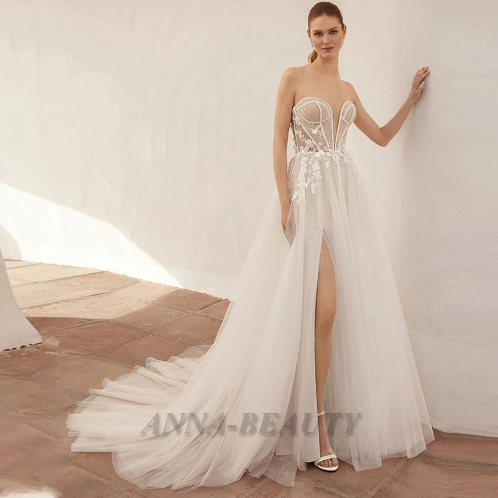 

Anna Stylish Tulle Wedding Dress for Brides Double V Neck High Slit Pleats Lacing Up Brush Train Vestido De Novia Femenino