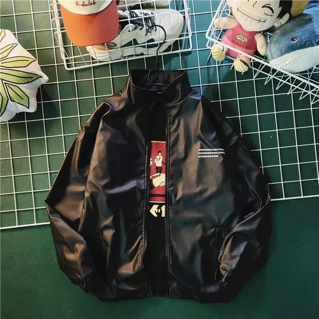 

2022 Spring Loose Stand Collar Leather Coat Letter Print Motorcycle Baseball Uniform Tops Street PU Leather Jacket Men's