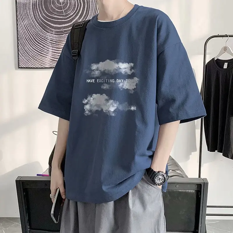 

Summer Plus Size Short-sleeved T-shirt Men Women Harajuku Cloud Print Hong Kong Style Fifth Sleeve Tee Preppy Hip Hop Simple Top