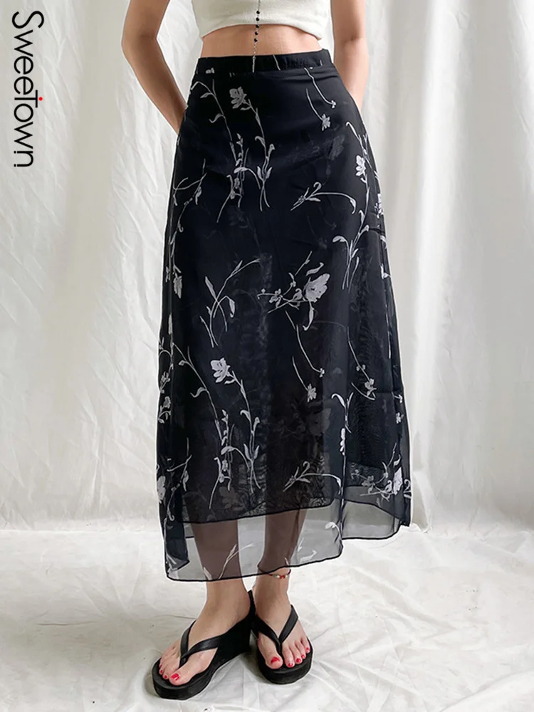 

Sweetown Floral Print Chiffon Y2K Long Skirts For Women Double Layer High Waist A Line Black Kawaii Skirt Elegant Vacation Cloth