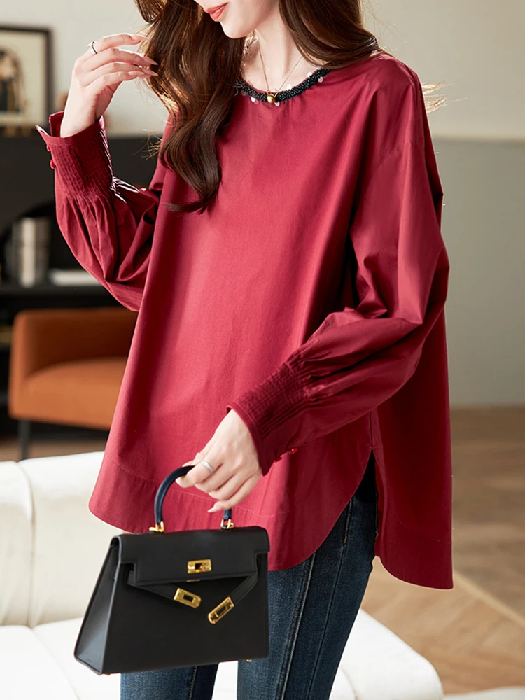 Baoshili круглый вырез с бусинами свободные красные рубашки для женщин осень и зима