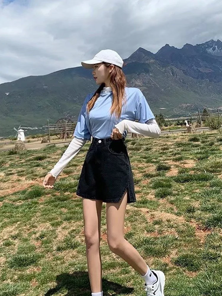 New Spring Summer Women High Waist Button Blue Denim Shorts Casual Female Split Wide Leg Jeans Shorts Ladies Bottoms