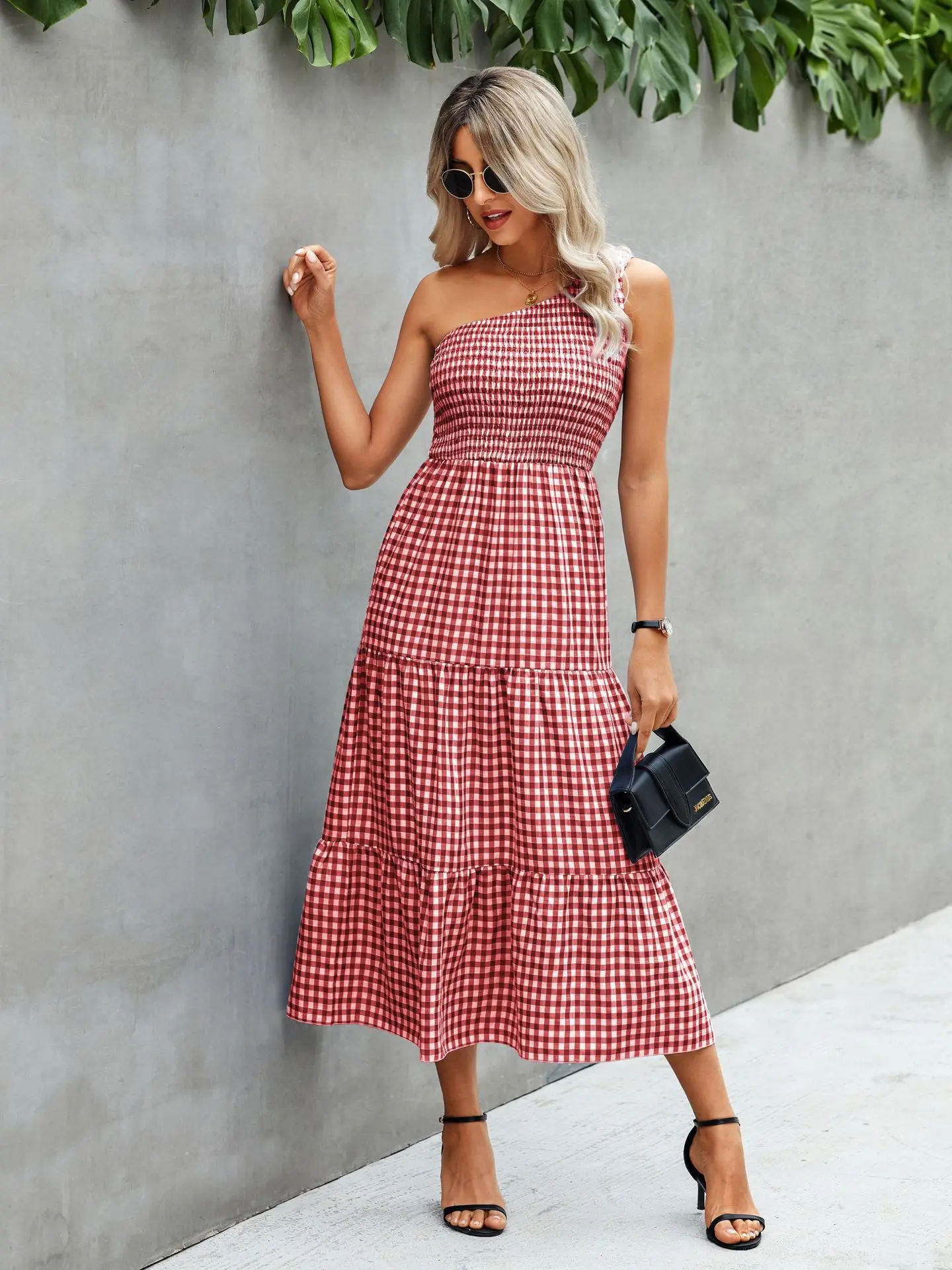 

Bohemian Fashion Casual Holiday Clothing Plaid Print One-shoulder Pleated Dress For Women