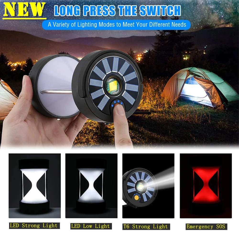 

4 in1 Portable Magnetic LED Hourglass Camping Lantern Solar/Type C Powered Emergency Lights 4 Modes Outdoor Survival Flashlights