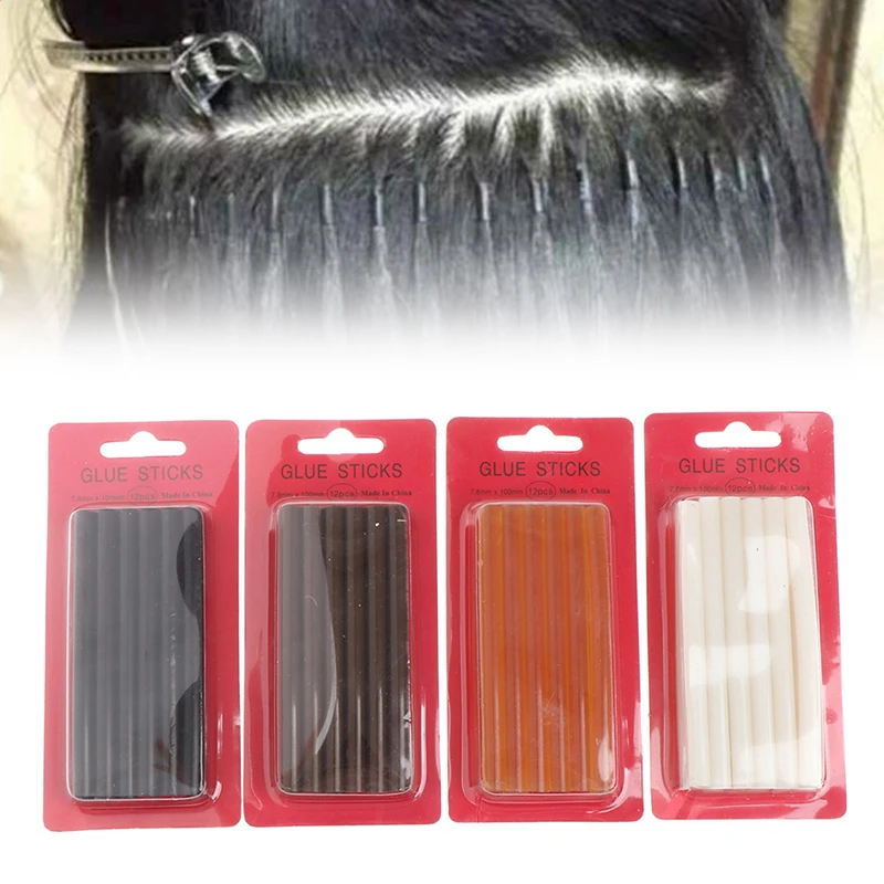 

12pcs/lot 0.7*10 cm Keratin Glue Sticks,fusion glue, brown, black and transparent blonde, 4 colors in stock optional