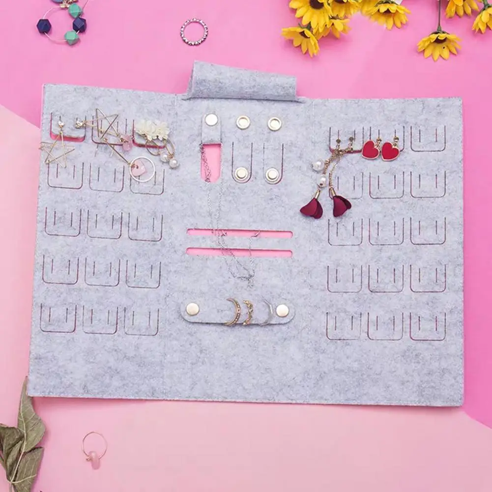 

Washable Fancy Convenient Jewelry Roll-up Felt Bag Multi Grids Jewelry Holder Soft Touching Dorm Supplies