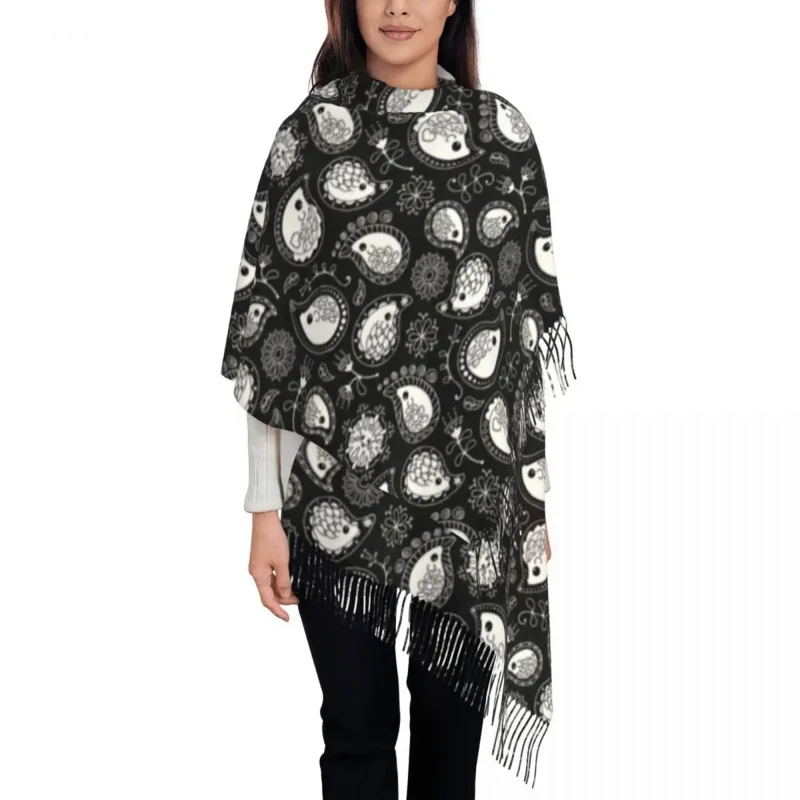 

Hedgehog Paisley Scarf Wrap Women Long Winter Warm Tassel Shawl Unisex Hedgehogs Cashmere Black And White Scarves