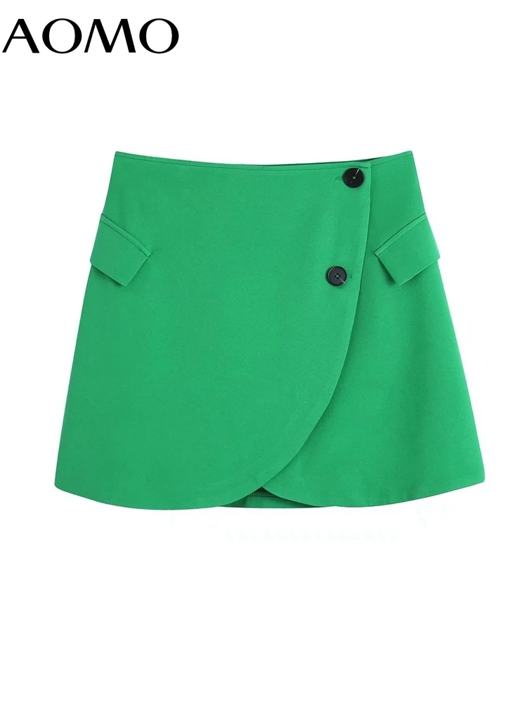 

AOMO 2022 Women Green Side Buttons Skirts Faldas Mujer French Style Female Mini Skirt CE113A
