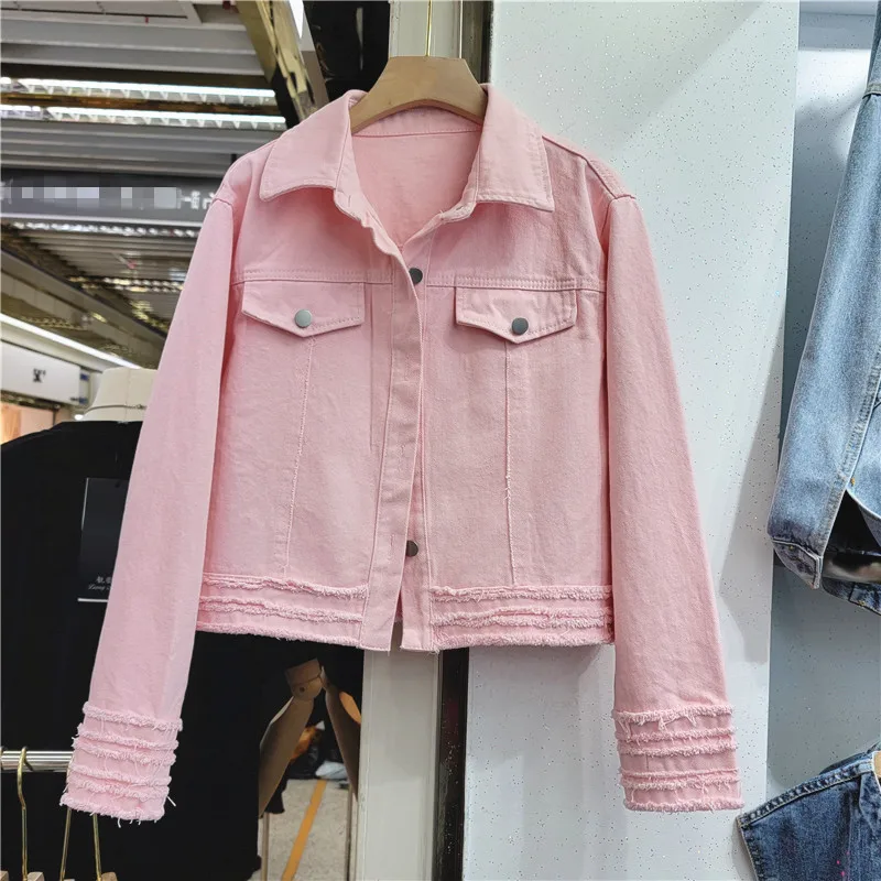 

Fashion Pink White Yellow Denim Jackets Women Loose Short Cowboy Outerwear Spring Autumn Long Sleeve Jeans Jacket Coat Female