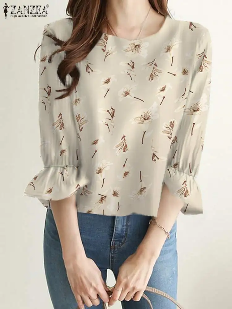 

ZANZEA Fashion Oversized Holiday Beach Loose Tops Bohemian Floral Printed Elegant Blouse Spring Women 3/4 Sleeve O-Neck Shirt