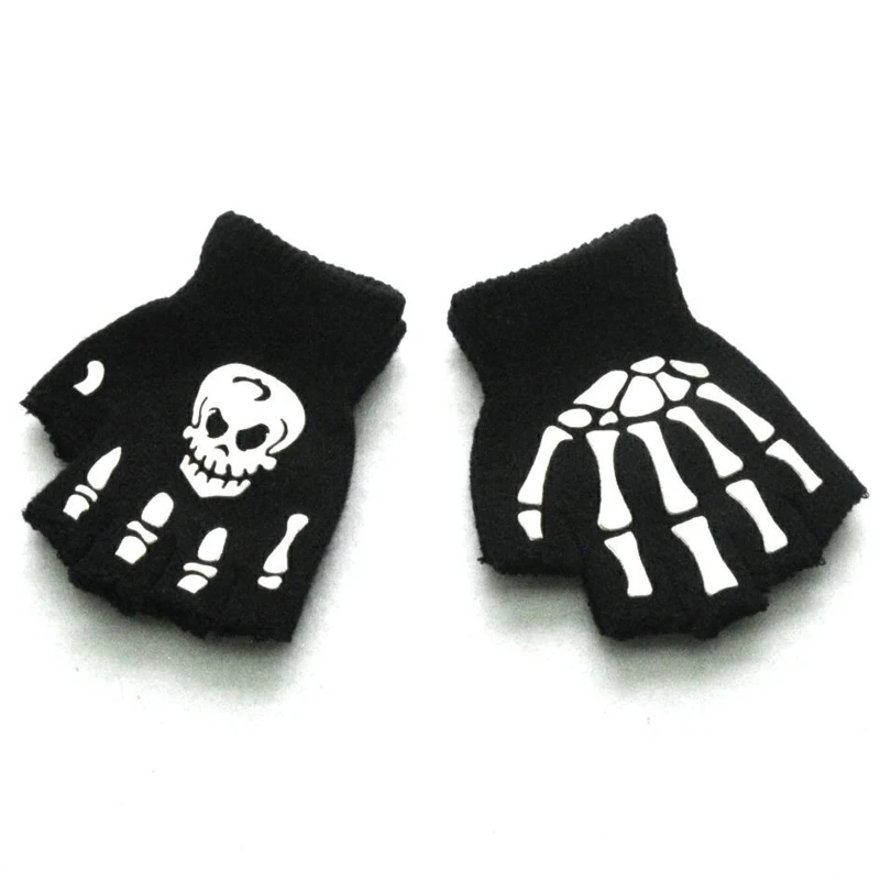 

Halloween Skeleton Gloves Luminous Gloves Non Slip Half Finger Gloves Black Knitted Gloves for Children Kids Performance