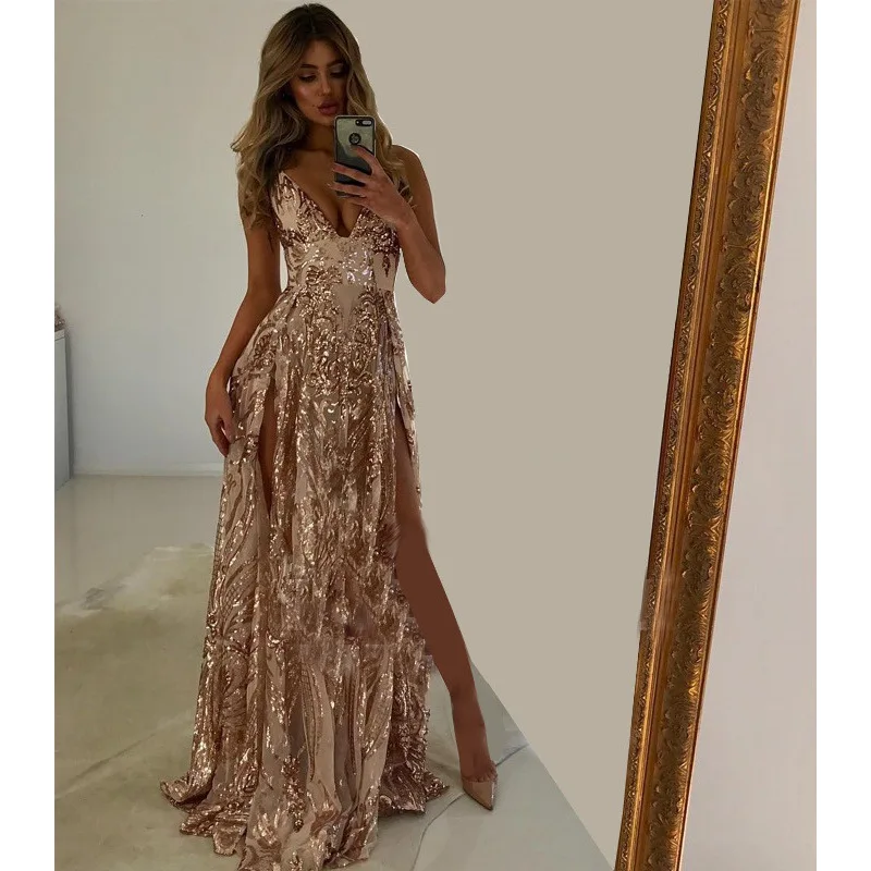 Sexy Women's Prom Dresses Deep V-neck Sling Slit Sleeveless Long Skirt Vestidos De Mujer Wedding Party Dress for Women Vestidos