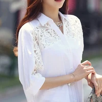 blusas de verano mujer 2022 fashion elegant women clothing chiffon blouses shirts white lace bat sleeve hollow out v neck 1988