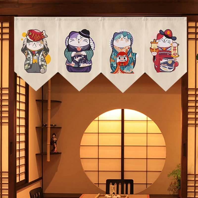

Japanese Short Doorway Curtain Noren for Sushi Shop Curtain Kitchen Bedroom Lucky Cat Feng Shui Drapes Hanging Half Curtain