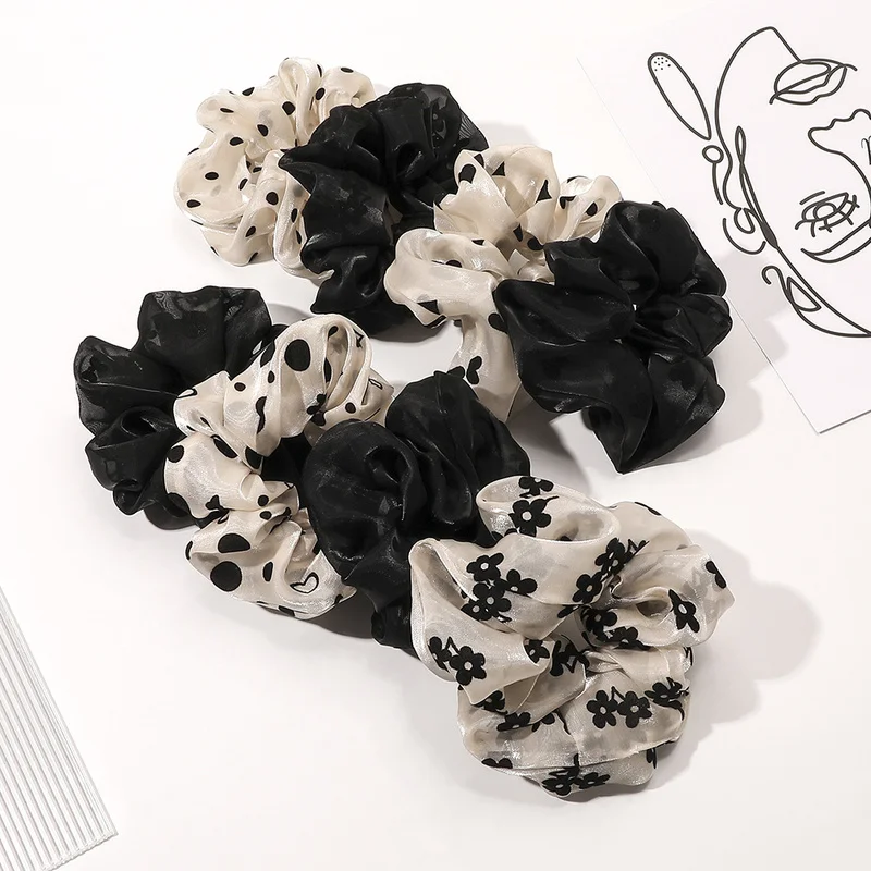 

Vintage Black Beige Silk Hair Band Scrunchie Women's Fashion Dots Heart Flowers Print Girl Hair Ties Headwear Lazo Pelo Mujer