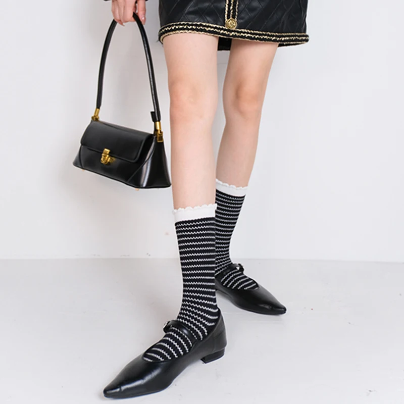 Шикарные элегантные тонкие женские хлопковые носки на весну и лето черно-белые