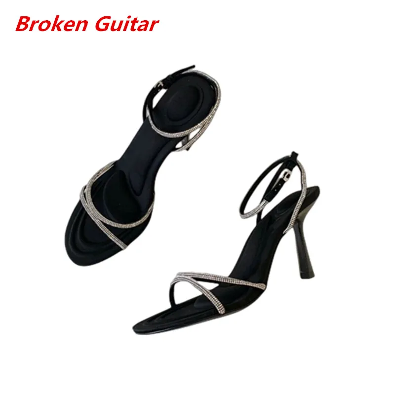 

2023 Spring and Summer New Rhinestone Letter High Heels Sexy Open Toe Slim Heels Silk Slip-on Sandals Female