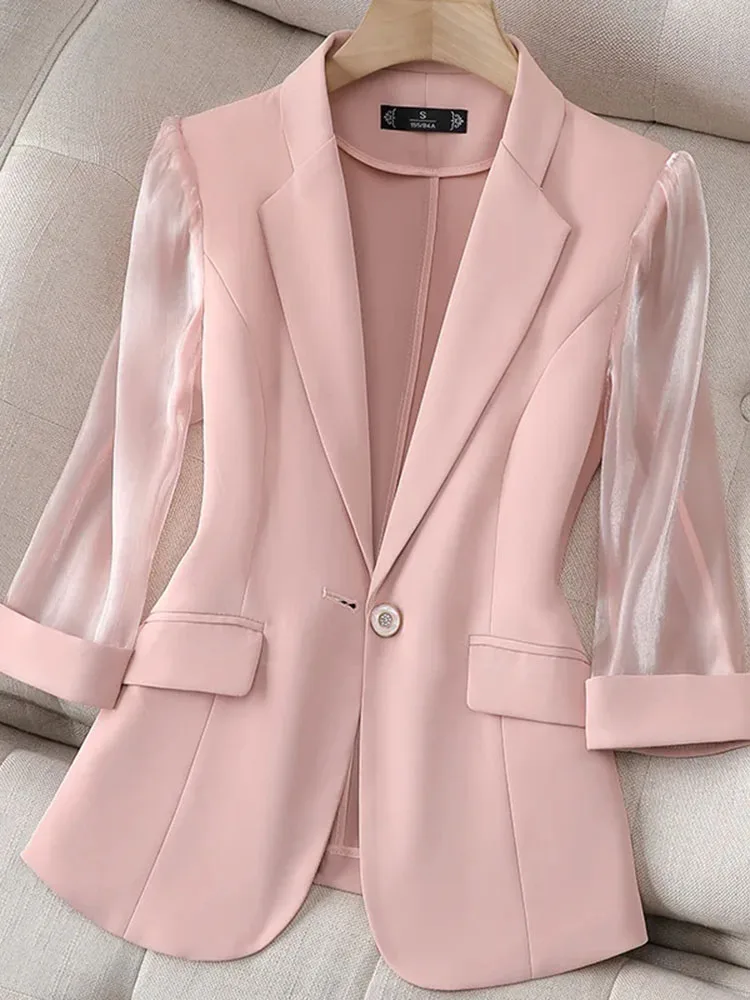 

F GIRLS Thin Pink Suit Women's 2022 Spring and Summer New Korean Fashion Slim Three Quarter Sleeves Casual Jacket Lady Office