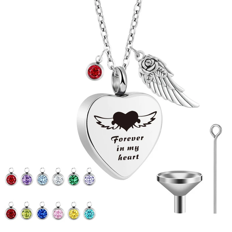 Stainless Steel Forever In My Heart Wings Cremation Memorial Ashes Urn Birthstone Necklace Keepsake Pendant
