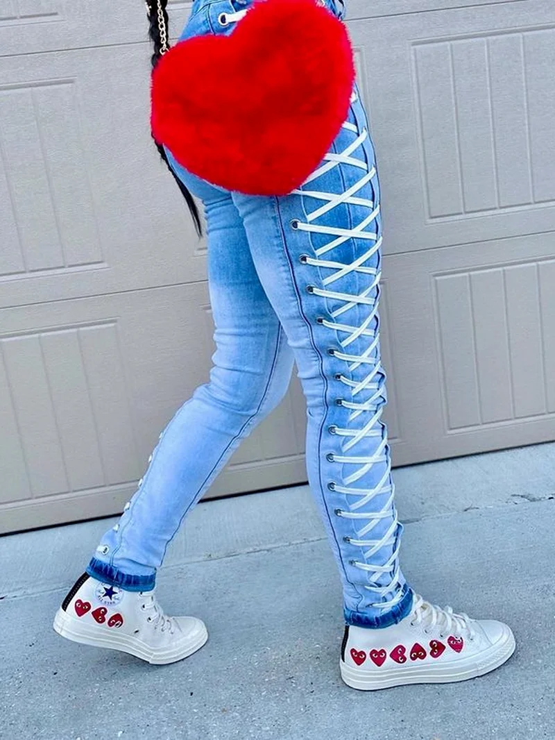 Bandage Jeans High Waist Clothes Pencil Denim Clothing Blue Streetwear Vintage 2021 Fashion Harajuku Skinny Pants Lace-up Pants