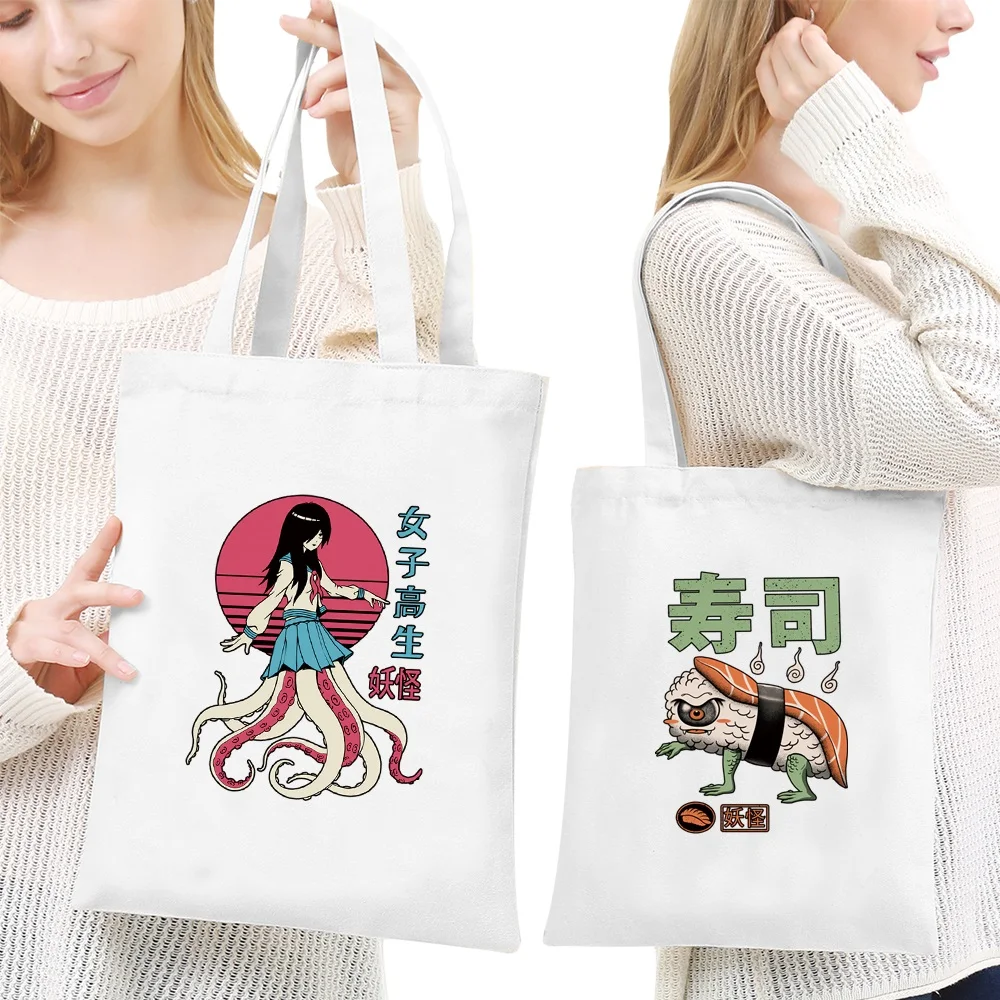 

Women's Canvas Shoulder Bag Reusable Shopping Bag Organizer Bags 2022 New Casual Handbags Girls Grocery Tote Cute Monster Series