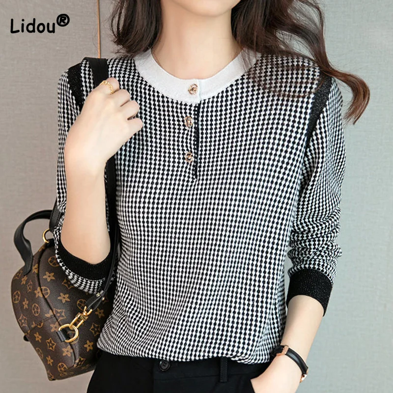 

Женский трикотажный пуловер с длинным рукавом, с круглым вырезом и металлической пряжкой