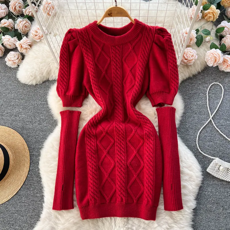 

Autumn and Winter New Slim Vintage Puff sleeve Knitted Dress Temperament Hip Wrap Dress With sleeve dresses for women 2022