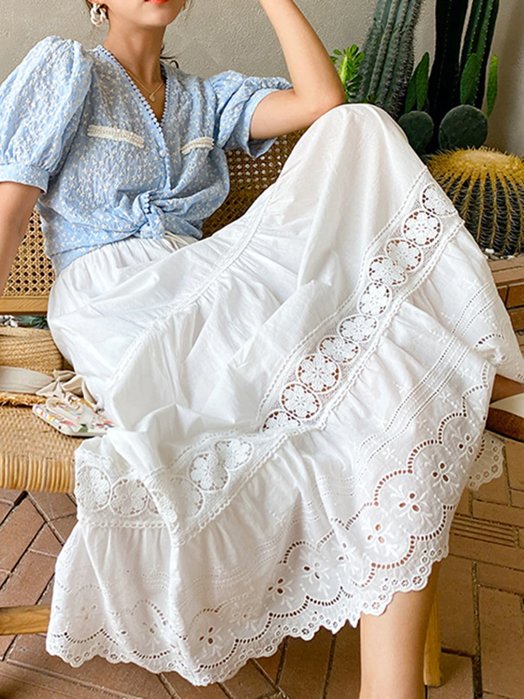 Jastie Boho Elegant White Long Skirt Women Hook Flower Hollow Folds Hem High-waisted Skirts Casual Holiday Female Clothes 2022