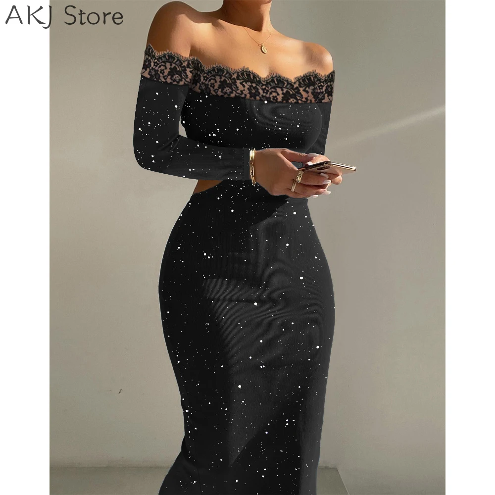 

Summer Glitter Contrast Lace Off Shoulder Cutout Bodycon Dress