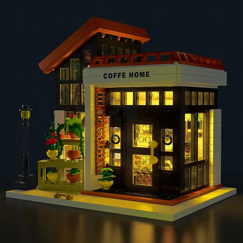 Фото Конструктор MOC Creative City Streetview: Кофейня на улице, солнечный свет, LED-подсветка, архитектурная модель, строительные блоки, DIY-декор, игрушка для детей №5
