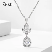 zakol luxury fashion leaf water drop pendant necklaces for women bridal wedding jewelry engagement anniversary gift np1007
