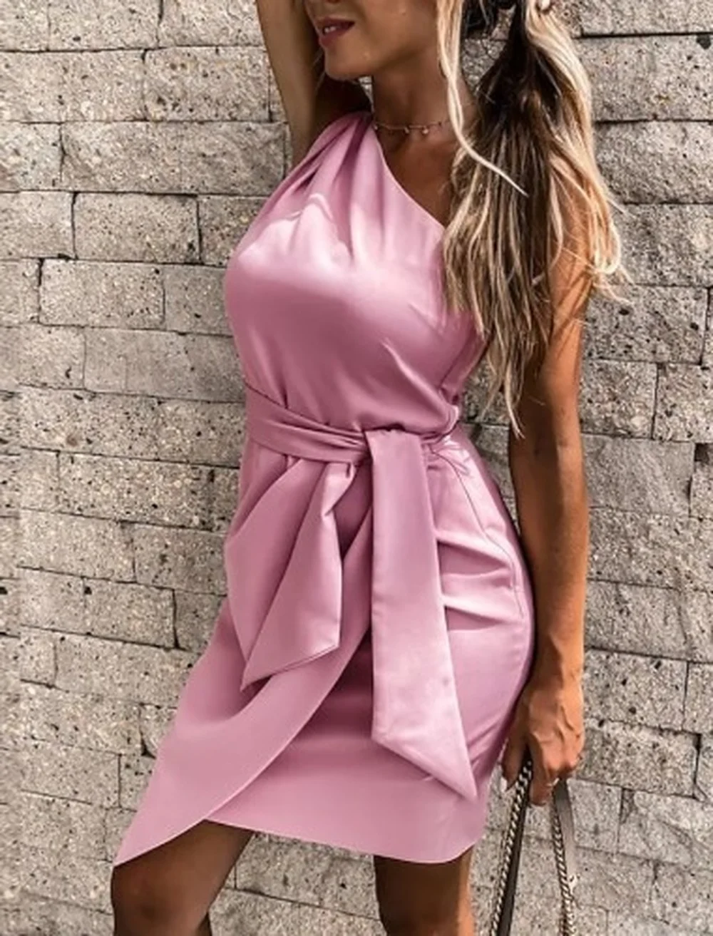

Women Dress Spring/Summer Solid Color Sleeveless Shoulder Bag Hip Fashion Straight Short Temperament Elegant Pink Lace-Up Dress