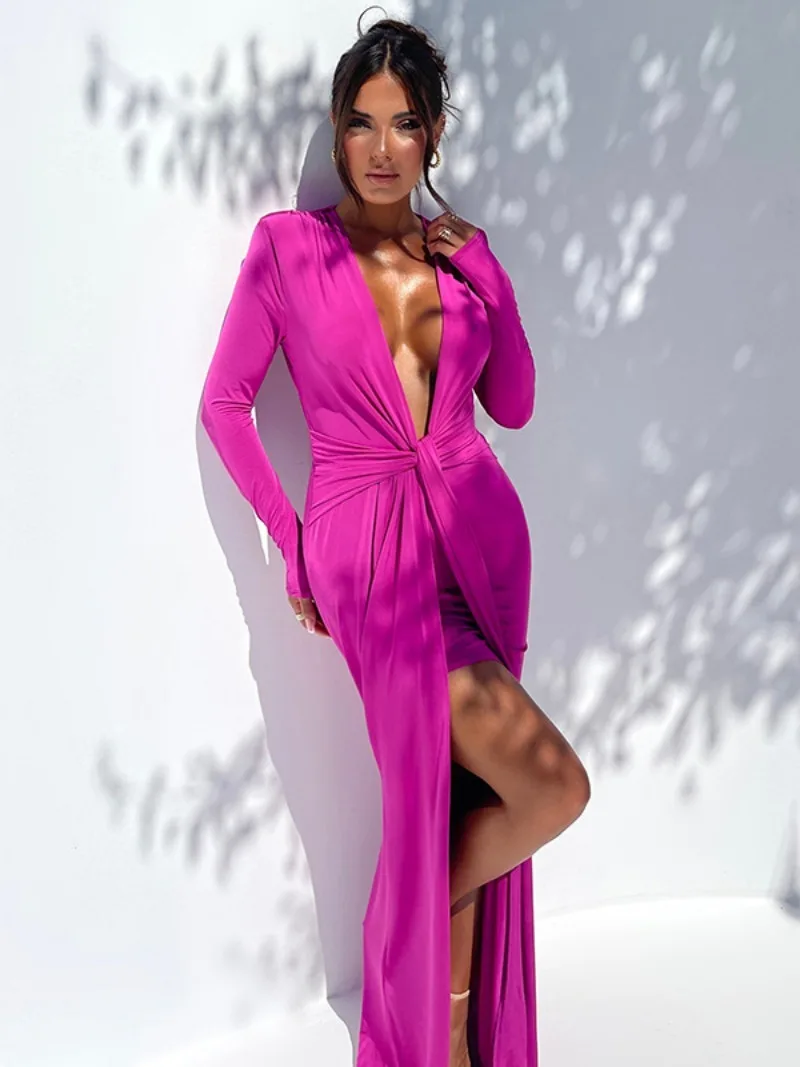 

Women's 2023 Autumn Deep V-neck High Slit Long Dress High Street Fashion Ladies Bandage Bodycon Tunics Evening Party Dresses