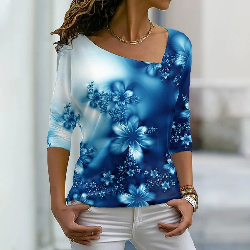 

2022 Women's Floral Theme Painting T Shirt Floral Print V Neck Basic Tops Green Blue