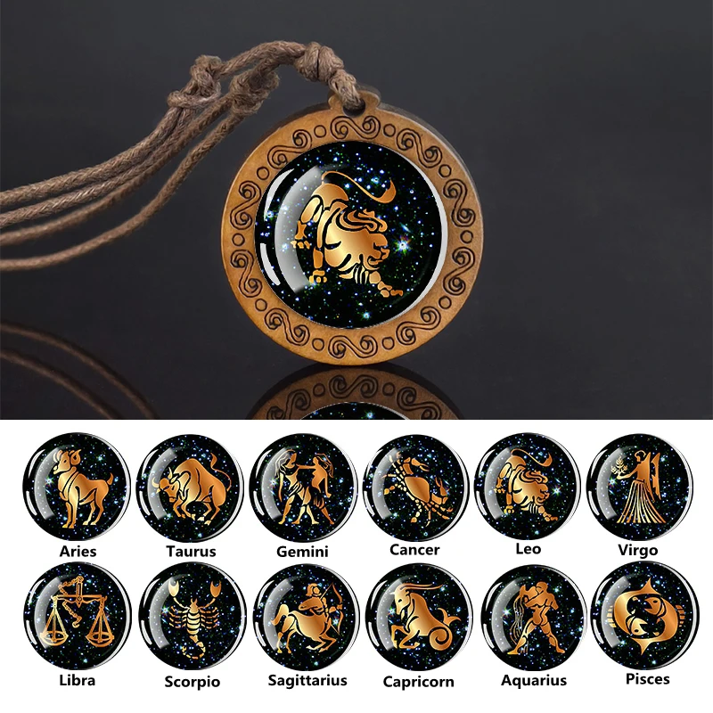 

12 Zodiac Signs Rope Chain Necklace Aries Taurus Gemini Cancer Leo Virgo Libra Scorpio Constellation Necklace Wooden Pendant