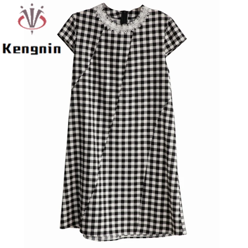 

Plaid Dresses Women for 2022 Summer Black White Grid Lace Patchwork Female Robe Plus Size 4XL Office Lady Work Vestido KE2645