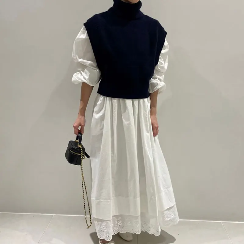 

SuperAen Korean Chic Autumn Vintage High Neck Knitted Vest +wooden Ear Edge Back Tie Bow Long Dress for Women