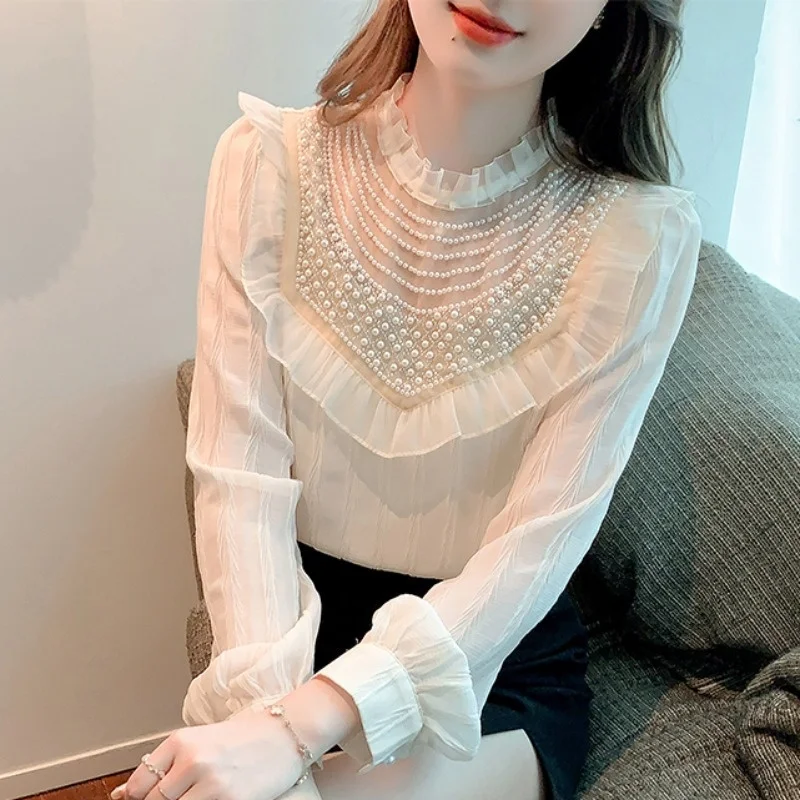 

#9354 Beige Vintage Womens Tops And Blouses Long Sleeve Thin Perspective Blouse Pearls Sexy Split Joint Ladies Blouses Office