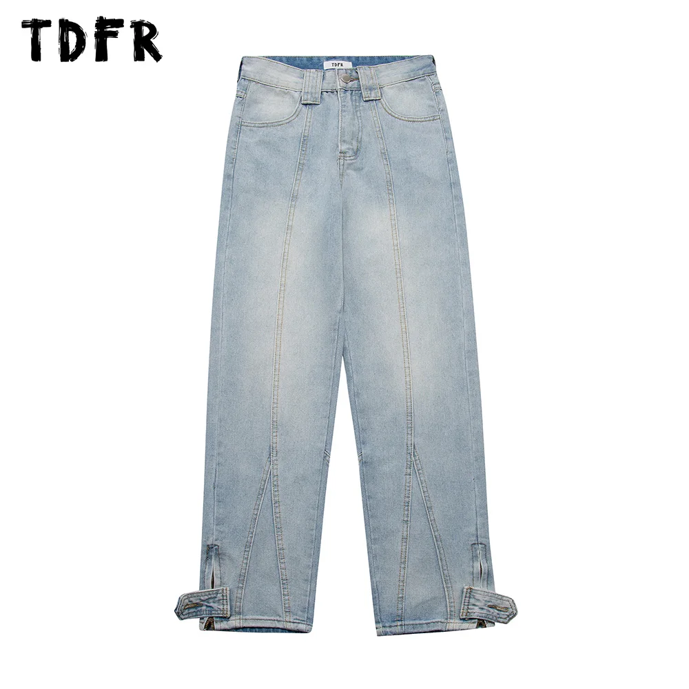 

Hem Zipper Jeans Mens Washed Distressed Casual Streetwear Loose Wide Leg Denim Pants Mens Trousers