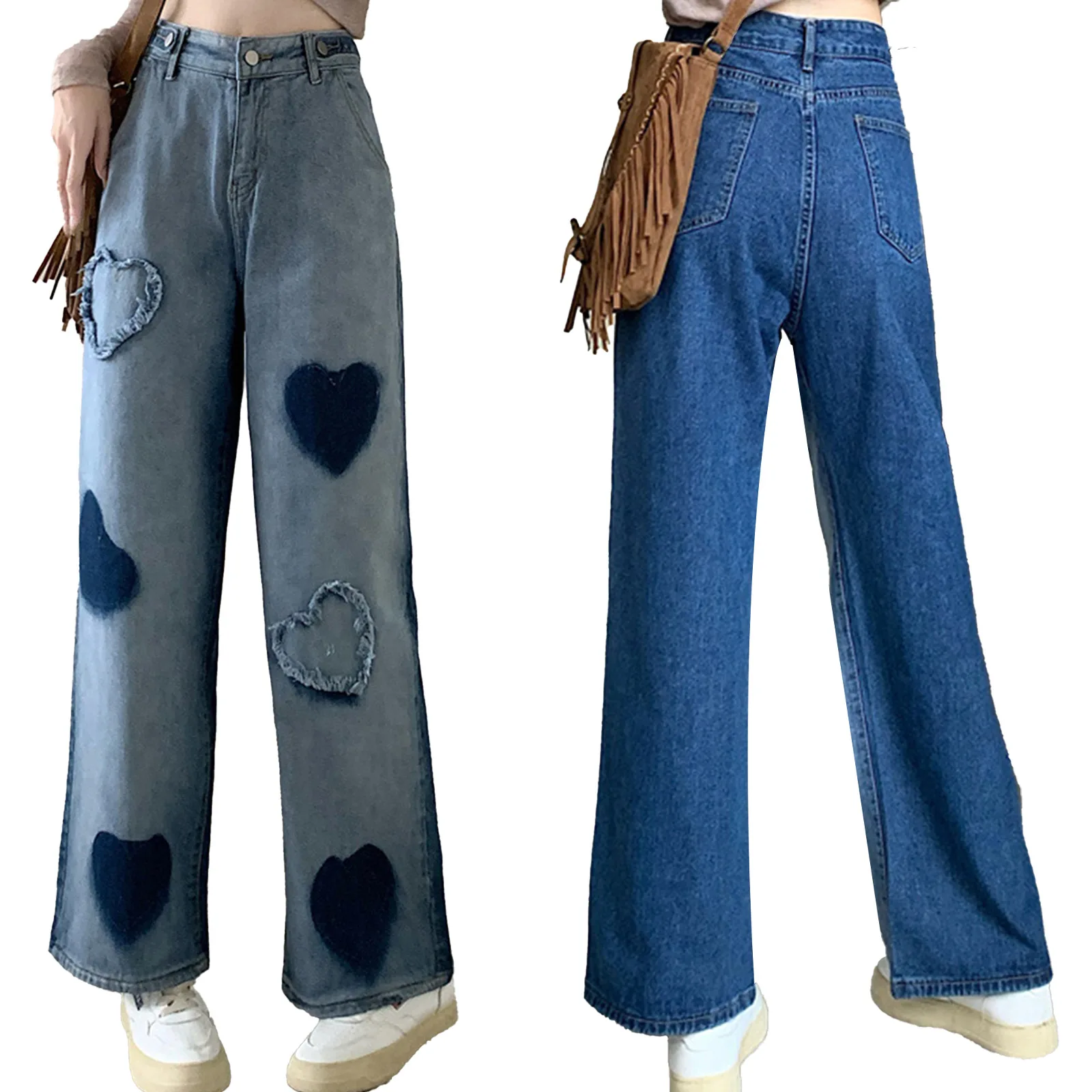 

2023 New Kids Girls Stylish Casual Jeans Dark And Light Contrast Love Patch Adjustable Waist Buckle Loose Straight Denim Pants