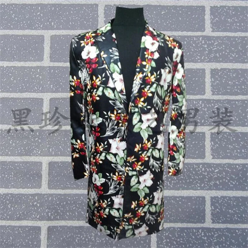 

Medium-long leather clothes men flower suits designs stage costumes for singers men blazer dance jacket star style dress punk