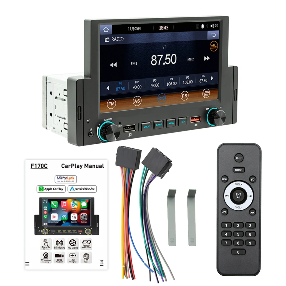 

1Din 6.2Inch Screen CarPlay Android-Auto Radio Car Stereo Bluetooth MP5 Player 2USB FM Receiver Audio System Head Unit A
