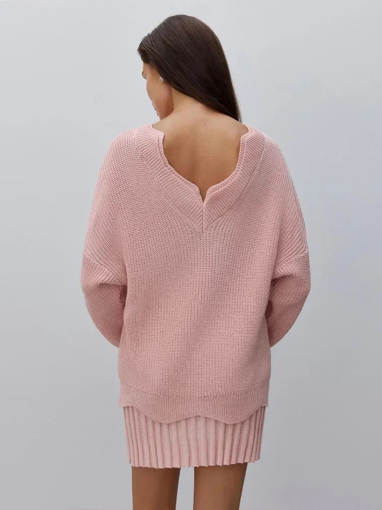 Элегантный красный свитер с открытой спиной для женщин сексуальные вязаные